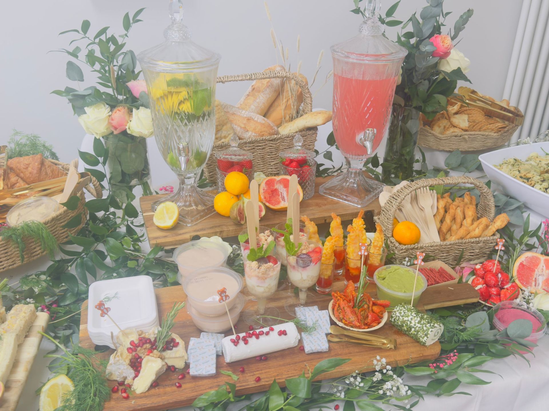 Drinks dispensers, tempura prawn shots and dessert verrines with greenery